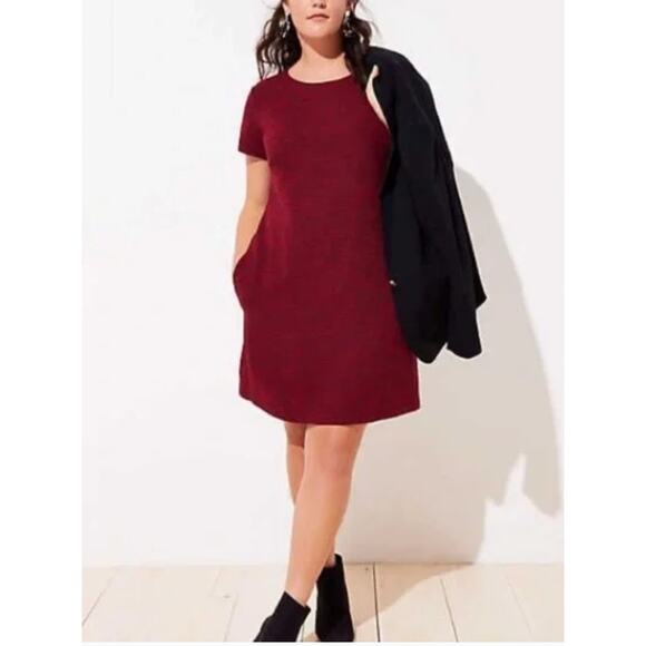 Loft FALL Dress Burgundy Knit Tie Back Short Sleeve Shift Size 12 Coquette - Picture 1 of 13